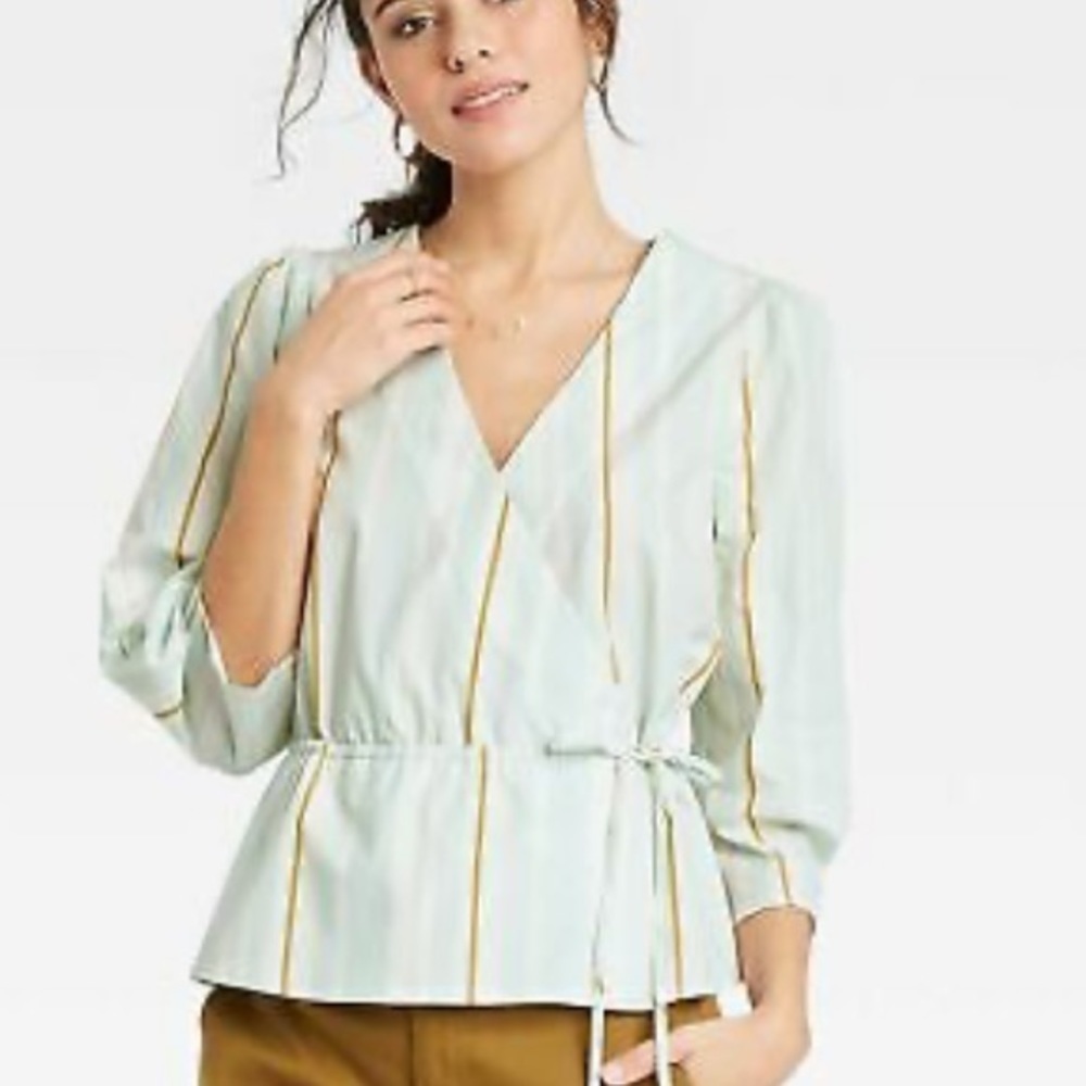 A New Day Women's Striped 3/4 Sleeve Wrap Top Mint Green Stripe Size XS new